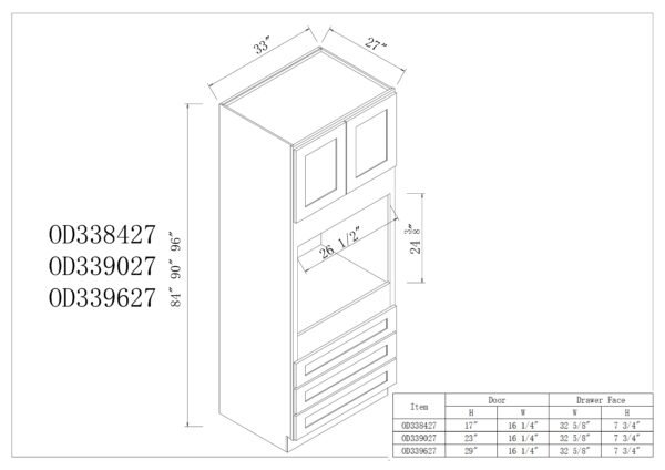 27"D Oven Cabinets With 3 Drawers
